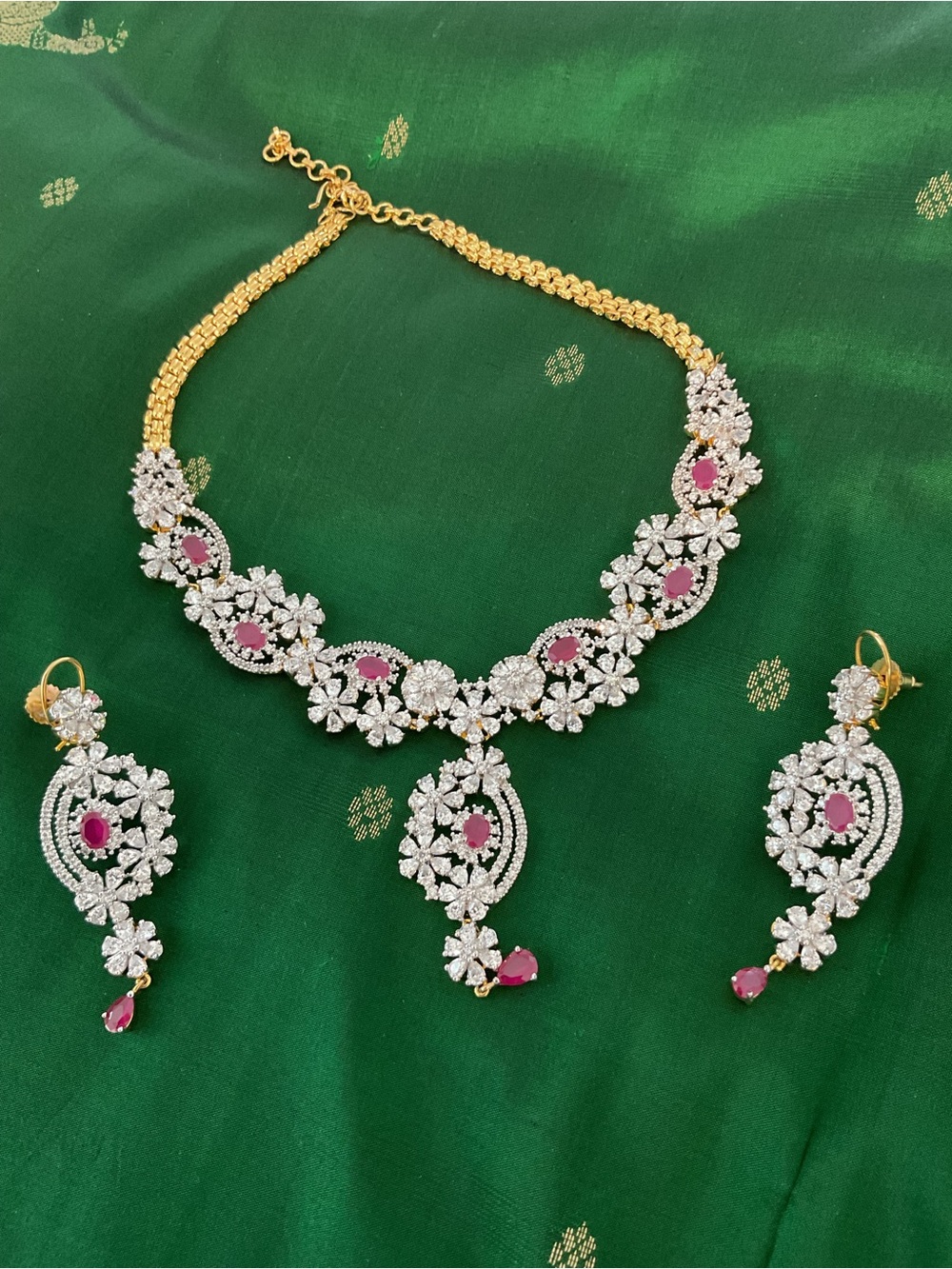 Elegant Gold-Tone Diamond  Necklace and Earring Set with Pink  Ruby Stones